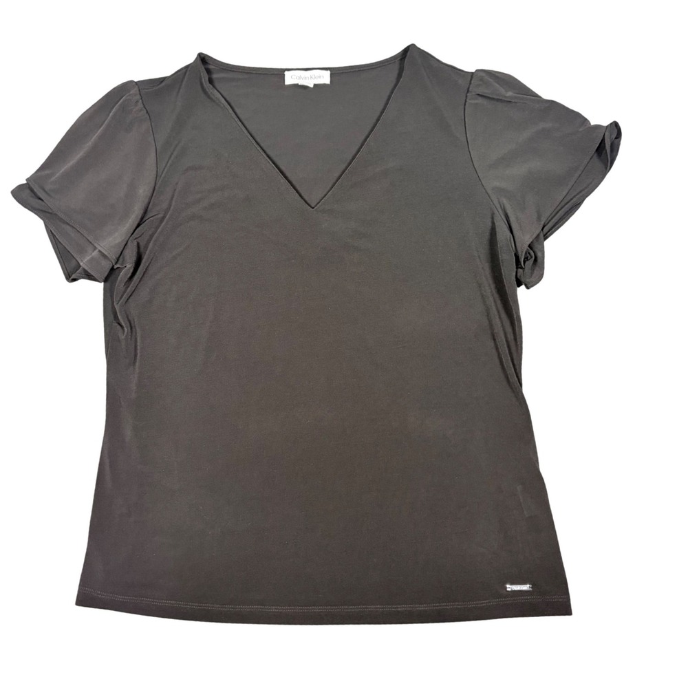Calvin Klein Womens Black V-Neck Tulip Sleeve career Top‎ Blouse Large